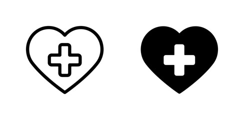 Fototapeta premium Heart with Plus Sign Icons, Medical Health Care Symbols, Black and White Outline and Solid Shapes