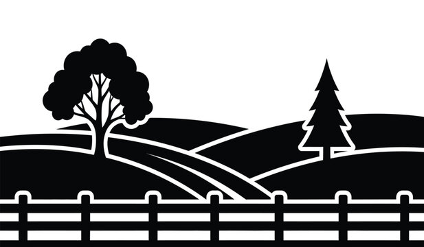 Scenic countryside landscape with rolling hills winding path trees and picket fence silhouette high quality professional detailed modern elegant stylish clean crisp vibrant colorful