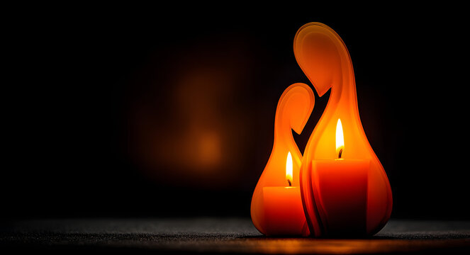 A candle that is shaped like a mother embracing her child and emits a warm glow on a dark background, representing remembrance and love.