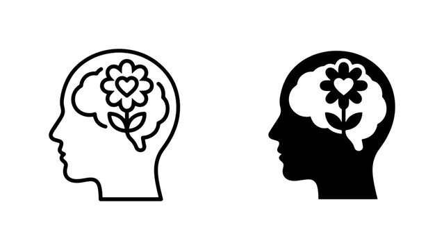 Mindfulness, Growth, and Positive Thinking Icons: Human Head Silhouette with Flower and Heart Symbol