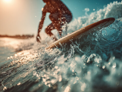 Surfer riding ocean wave at sunset with dynamic water splash