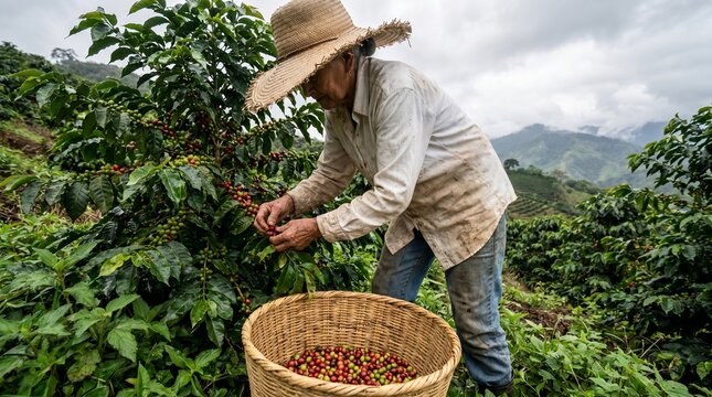 A hardworking elderly female farmer wearing a straw hat picks ripe red coffee cherries from a lush green bush on a hillside plantation, filling a wicker basket with the fresh harvest