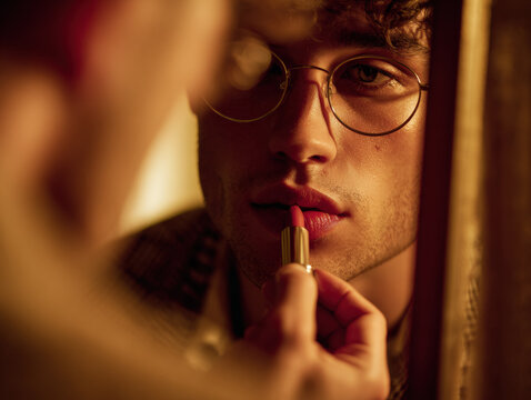 Young man applying lipstick in mirror with warm moody lighting