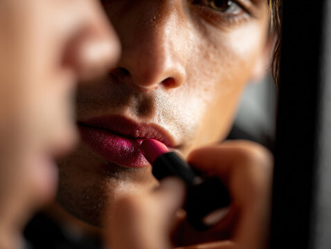 Close-up of man applying lipstick in mirror with focused expression