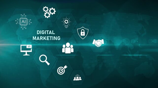 Glowing neon line banner of digital marketing concept with icons of branding, advertising, SEO, social media, devices, internet and optical lager light background