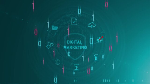 Glowing neon line banner of digital marketing concept with icons of branding, advertising, SEO, social media, devices, internet and optical lager light background