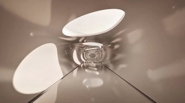 Seamless futuristic white zen-inspired tunnel animation with smooth flowing architecture and sparse floating geometric particles, calm monochrome palette with subtle beige-white gradients