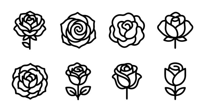 Elegant Rose Icons Set, Vector Floral Graphics, Simple Flower Line Art, Romantic Bloom Illustrations
