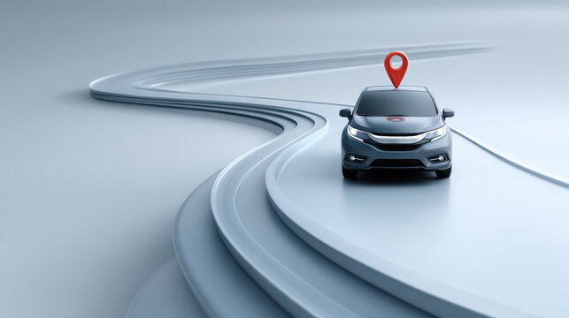 Modern silver car positioned on a winding road with a location pin icon, representing navigation and travel concepts in a minimalist setting