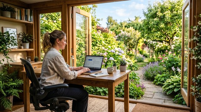 woman working on laptop in bright cozy garden house office