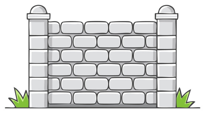 Cartoon illustration of stone wall with grass and decorative elements