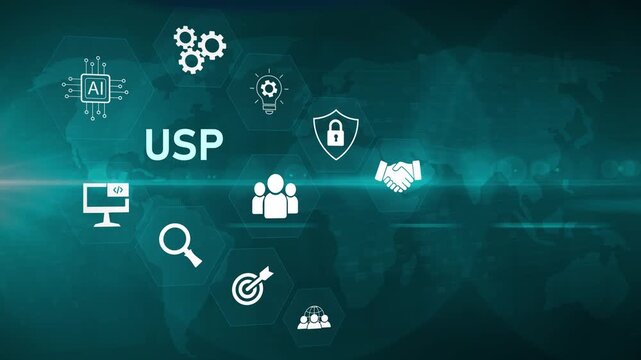 Unique selling proposition concept. Digital animation glowing blue circuit lines, optical lager light background