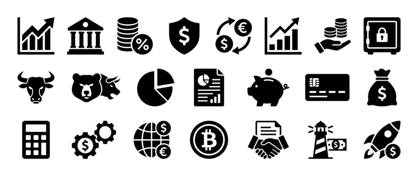 Collection of black financial and business icons including a bank, piggy bank, currency, stock market symbols, and growth charts in a simple glyph style