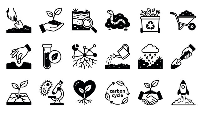 Collection of black glyph icons representing soil health, gardening, regenerative agriculture, composting, and environmental science concepts in a simple, bold vector style