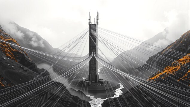 Futuristic Tower with Cable Network in Mountainous Landscape