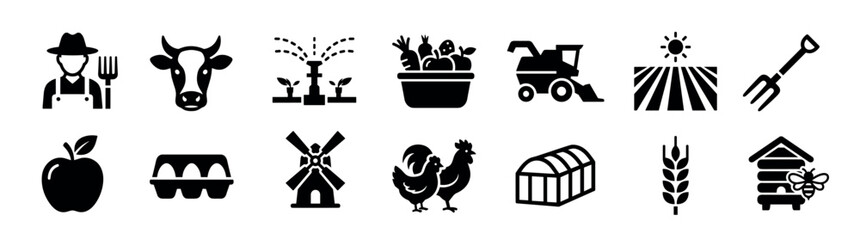Set of black farm and agriculture icons featuring a farmer, cow, harvester, windmill, and other rural symbols for organic food production and animal husbandry in a simple glyph style © Vladislav