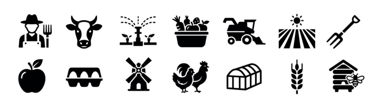 Set of black farm and agriculture icons featuring a farmer, cow, harvester, windmill, and other rural symbols for organic food production and animal husbandry in a simple glyph style