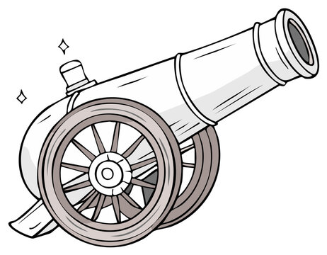 Historical Cannon Weapon Illustration with Wooden Wheels and Sparkling Details