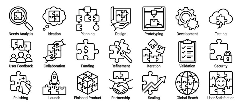 Set of product development lifecycle icons using a puzzle piece metaphor for business process stages from ideation and planning to launch, scaling, and user satisfaction