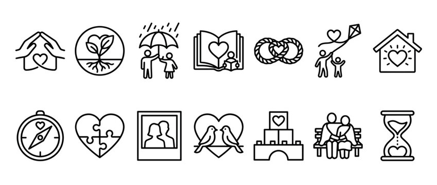 Collection of love and relationship icons in a simple black outline style depicting family, marriage, care, support, romance, and lifelong commitment