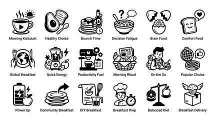 Fototapeta premium Set of eighteen black and white breakfast icons representing morning routines, healthy choices, brunch, and various food items like coffee and pancakes in a clean line art style