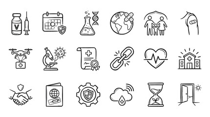 Fototapeta premium Hand-drawn vaccination and healthcare icon set illustrating concepts of global pandemic response, medical research, protection, and future hope in a doodle sketch style