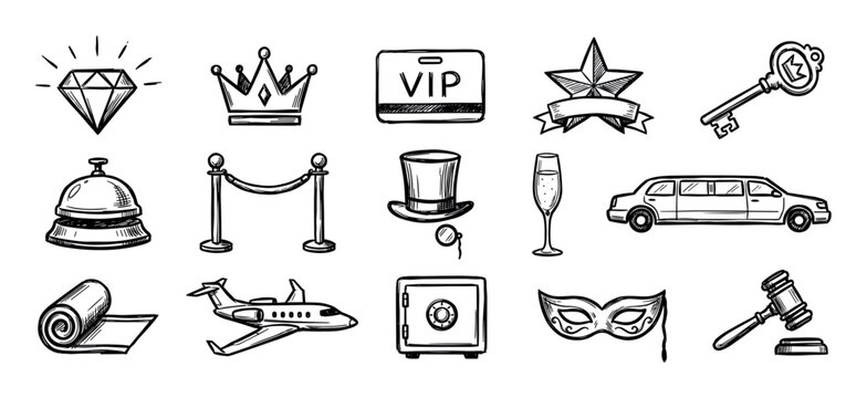 Hand-drawn set of luxury icons representing wealth, exclusivity, and VIP status, including a diamond, crown, limousine, and private jet in a black and white doodle style