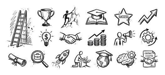 Set of hand-drawn business success icons in a black and white sketch style, depicting career growth, achievement, startup, and financial concepts for visual storytelling © Vladislav