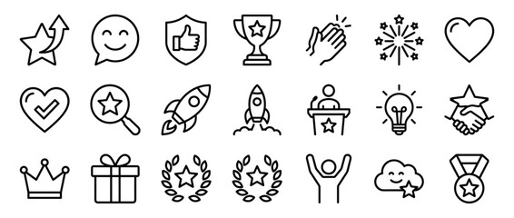 Fototapeta premium Large set of black outline icons for success and achievement, featuring a trophy, medal, rocket, laurel wreath, and other symbols for rewards, feedback, and business growth