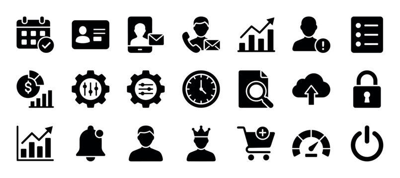 Collection of black glyph business icons for user interface design, including symbols for calendar, profile, analytics, settings, security, and communication for web development