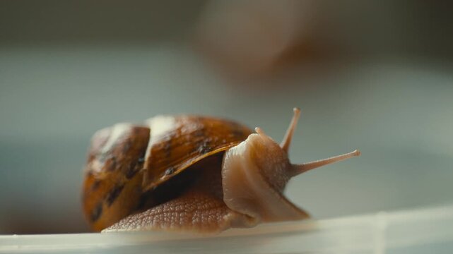 Close look at a snail in a clear container during daylight in a kitchen setting