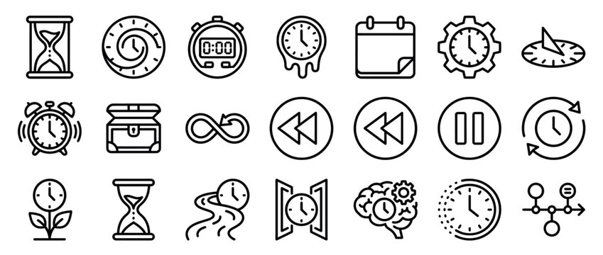 Large collection of black line icons representing time, chronology, and duration, including an hourglass, stopwatch, calendar, alarm clock, and other abstract temporal symbols
