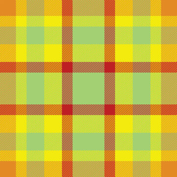 Mid pattern plaid fabric, small seamless background vector. Stroke textile tartan texture check in green and radioactive colors.