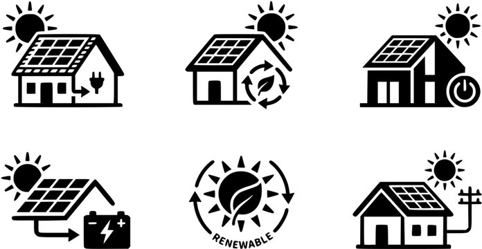 house solar energy icon. roof with solar panel. sustainable, renewable and alternative energy symbol vector black icons