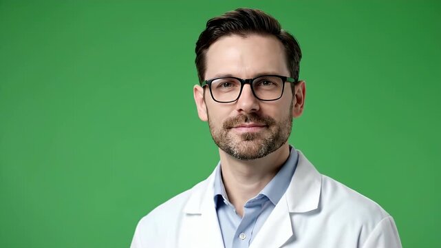Doctor in white lab coat looking.