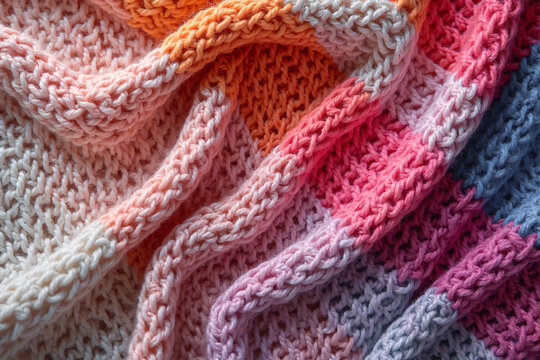 Crinkled knitted fabric made of pure wool with colored stripes. Top view.