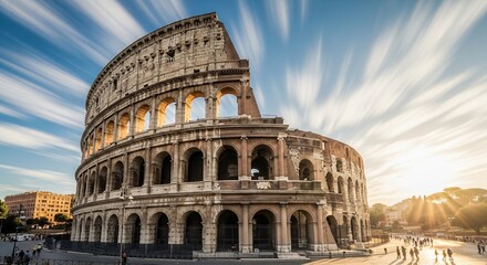 Fototapeta premium Colosseum at sunset with dramatic long exposure clouds, iconic Roman landmark, ancient Italian amphitheater, historical monument tribute, world heritage site travel architecture.
