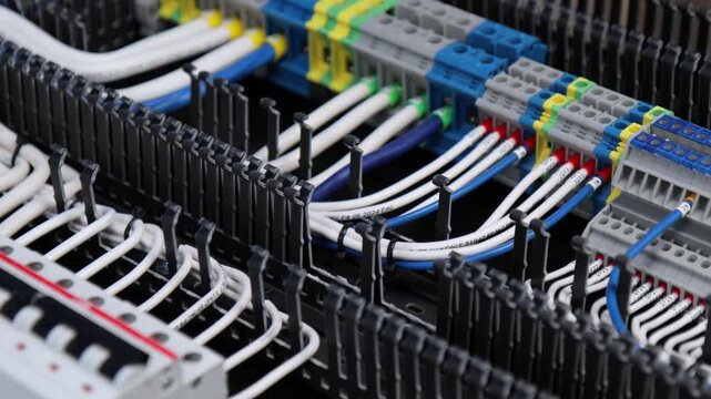 Connection of modules in an electrical switchboard using insulated copper wires tied with nylon ties.
