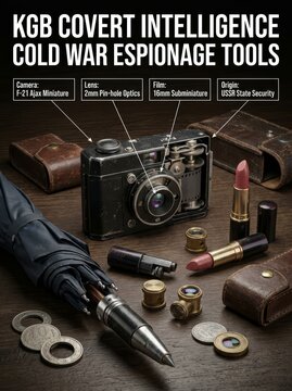 Collection of Soviet KGB covert intelligence and espionage tools from the Cold War era, including a miniature camera, spy lenses, and disguised weapons.