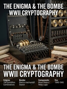 Historic Enigma cipher machine and the British Bombe, crucial electro-mechanical devices used in 