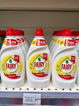 03.05.2026 Ukraine, Kharkov Fairy Lemon Dishwashing Liquid Bottles on a Supermarket Shelf with Price Tag.