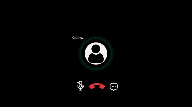 Video call interface with calling text and person icon on black communication online. 4k video animation