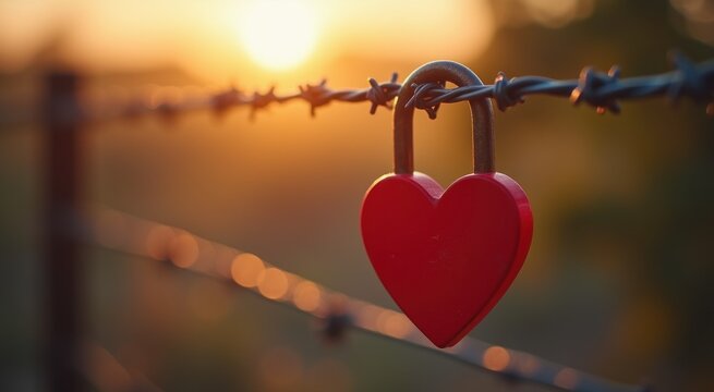 Heart shaped padlock on a barbed wire fence