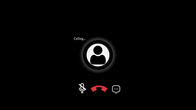 Video call interface with calling text and person icon on black communication online. 4k video animation