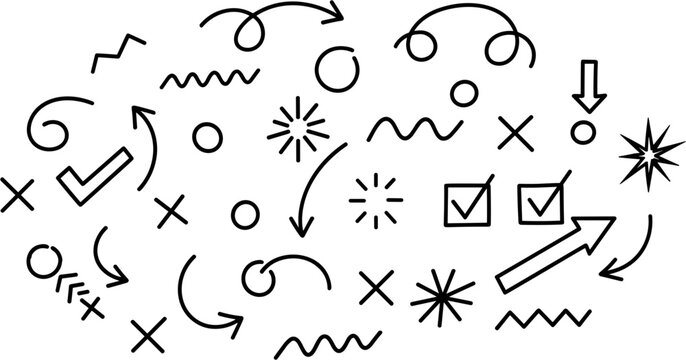 Abstract Doodle Icons: Arrows, Checkmarks, Stars, Waves, X Marks, Circles