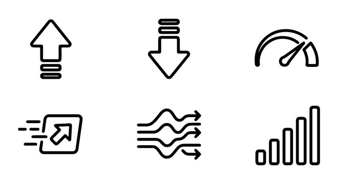 Business Growth Icons: Up Arrow, Down Arrow, Speedometer, Speed, Flow, Bar Chart
