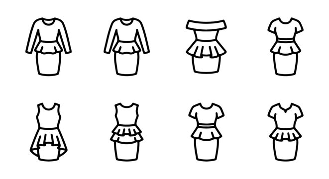 Peplum Dress Icons, Fashion Silhouettes, Clothing Styles, Vector Set