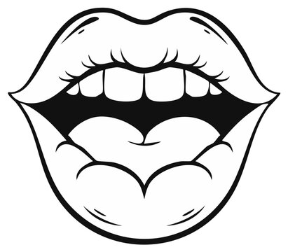Bold black and white illustration of open lips with teeth in a graphic comic style.