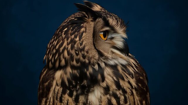 Close-up frontal portrait of a large brown owl with intense amber eyes, prominent ear tufts and intricate mottled feather patterns, shot against a deep blue studio background