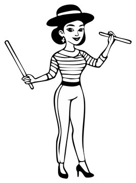 Stylish woman in retro clothing playing claves or rhythm sticks black and white line art